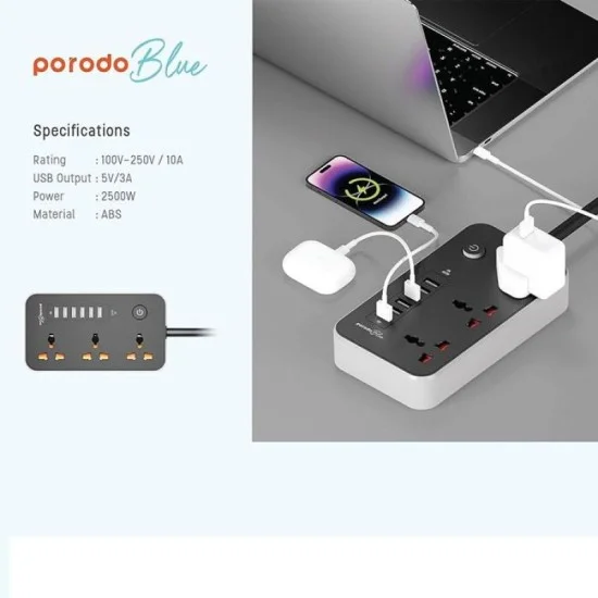 Porodo Blue Multi-Port Power Hub Ultimate Home - Office Kit 2M - Black